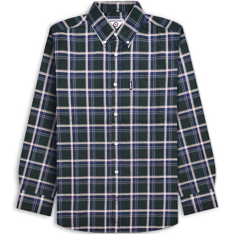 (S, Green/Navy) Lambretta Mens Long Sleeve Checked Checkered Smart Shirt - Green/Navy