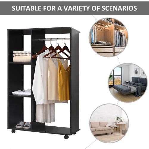 Homcom HOMCOM Rolling Open Wardrobe Hanging Rail Storage Shelves for Clothes, Black 2