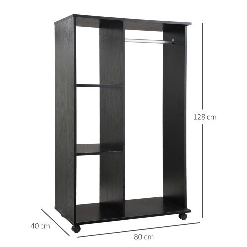 Homcom HOMCOM Rolling Open Wardrobe Hanging Rail Storage Shelves for Clothes, Black 1