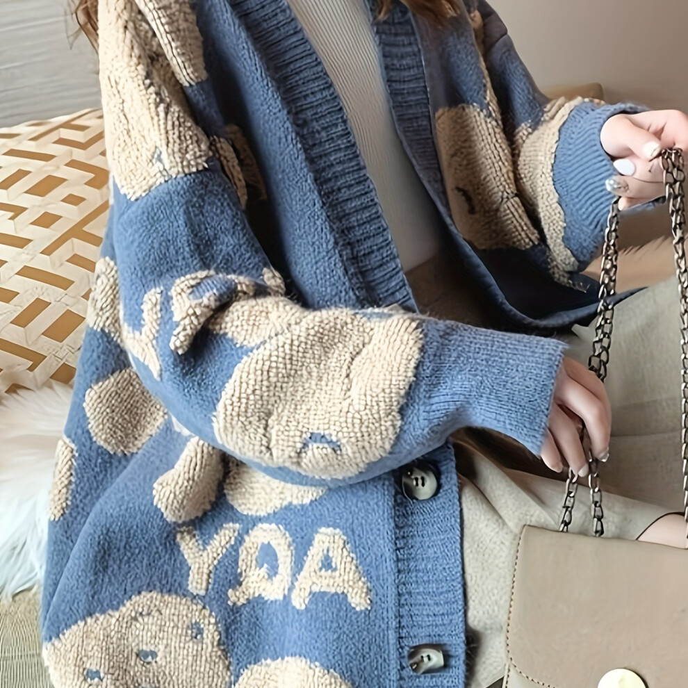(Light Blue, One-size) Bear & Letter Pattern Button Front Cardigan, Elegant Long Sleeve Drop Shoulder Outwear, Women's Clothing