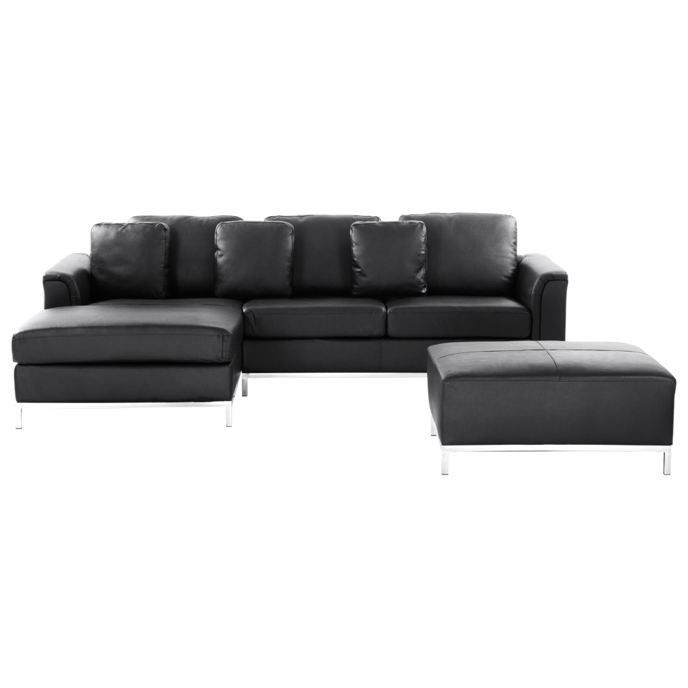 Corner Sofa OSLO Leather Black with Ottoman 5 Seater Right Hand
