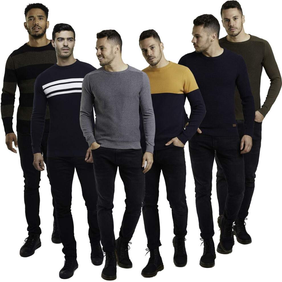 (Blue - Lea, L) Mens Crew Neck Jumper Knitwear Wool Or Cotton Sweater Knitted Casual Pull Over 