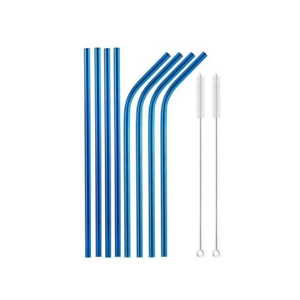 (10Pcs Blue) Reusable Rainbow Stainless Steel Straight Or Bent Metal Straws Party Supplies