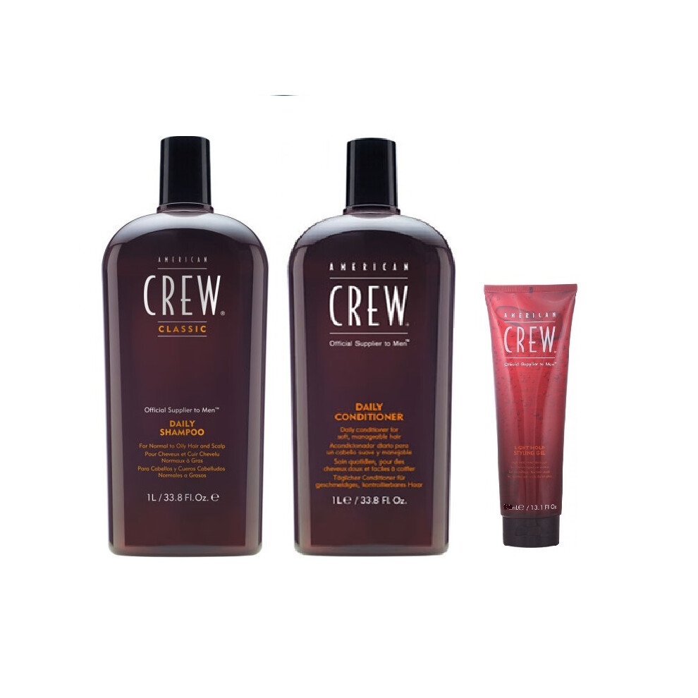 American Crew Daily Moisturizing Shampoo 1000ml, Conditioner 1000ml and Light Hold Gel 250ml