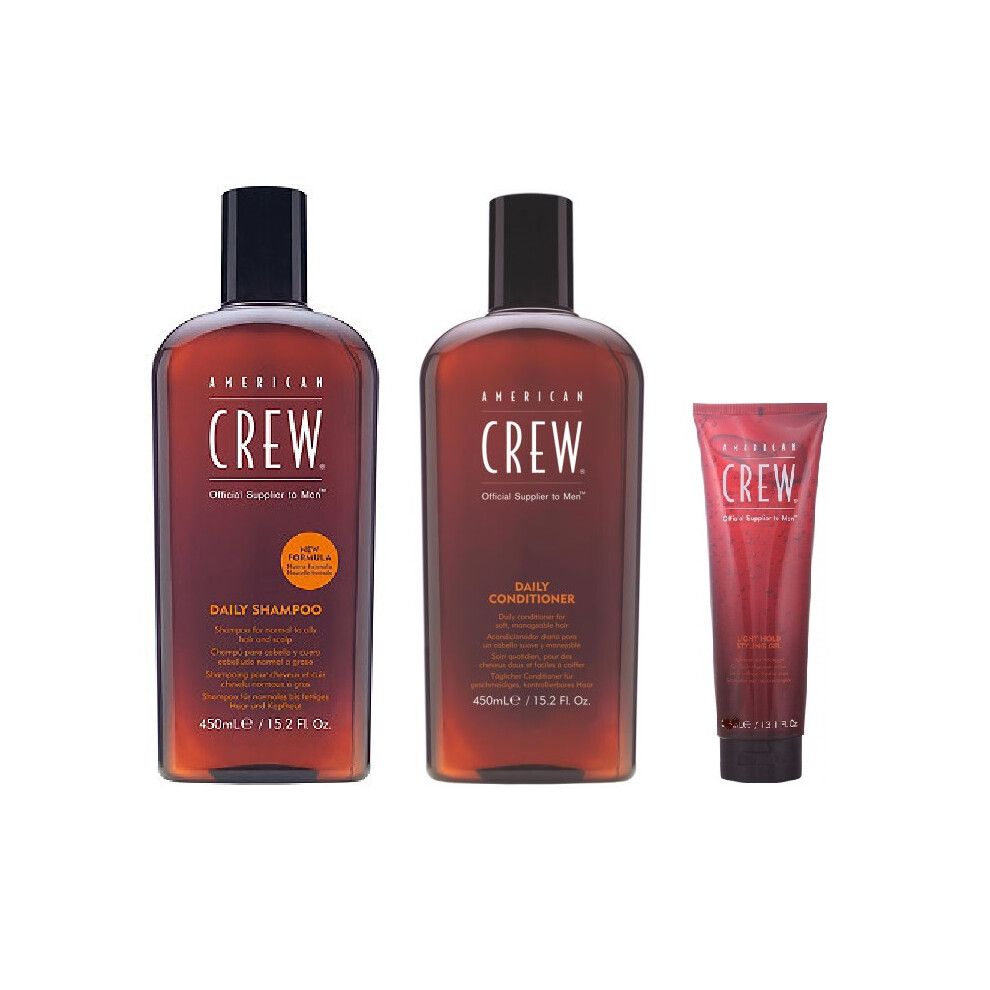 American Crew Daily Moisturizing Shampoo 450ml, Conditioner 450ml and Light Hold Gel 390ml