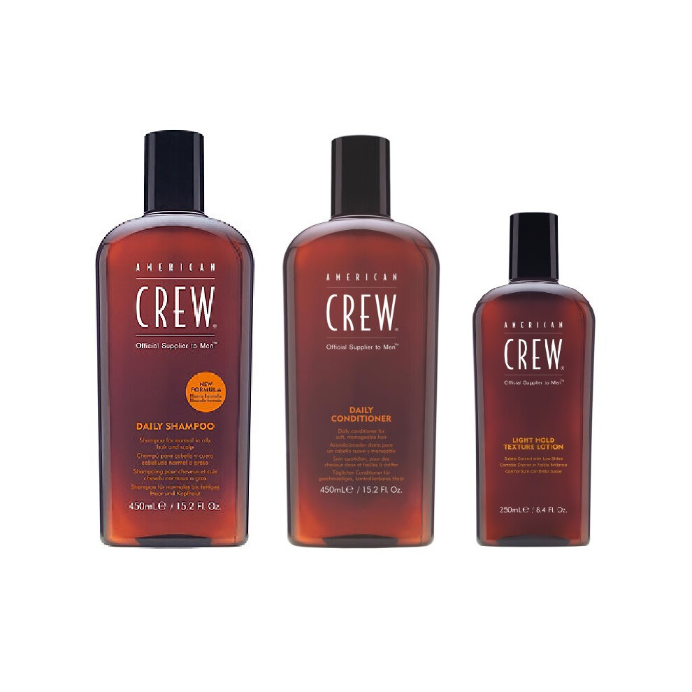 American Crew Daily Moisturizing Shampoo 450ml, Conditioner 450ml and Light Hold Texture Lotion 250ml