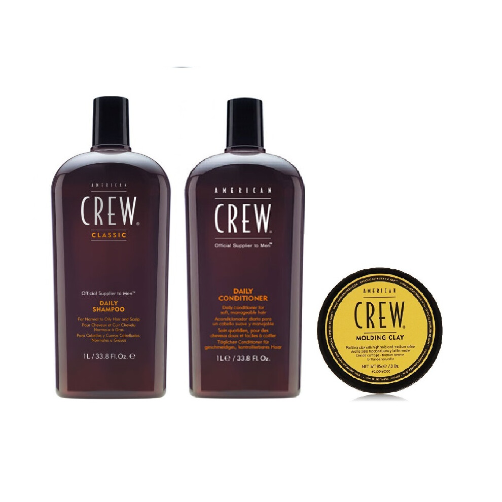 American Crew Daily Moisturizing Shampoo 1000ml, Conditioner 1000ml and Molding Clay 85ml