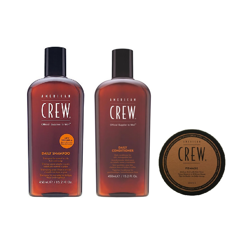 American Crew Daily Moisturizing Shampoo 450ml, Conditioner 450ml and Pomade 50g