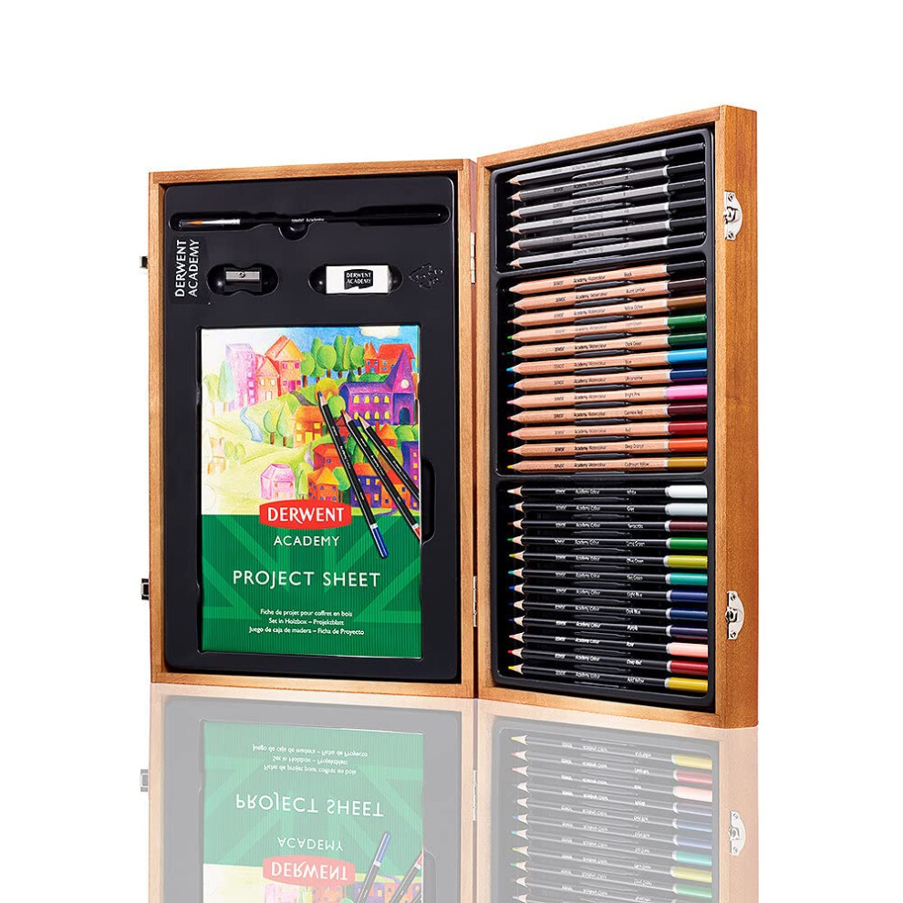 Derwent Academy Wooden Gift Box,Complete 35 Piece Art Set with Colouring Pencils,Pastels & Accessories, Ideal Collection for Drawing, 2300147