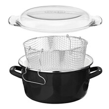 Premier Housewares 102102 5L Deep Fat Fryer Enamel Chip Pan Fryer Glass Lid Chip Fryer Deep Frying Pan Black Deep 16x33x27