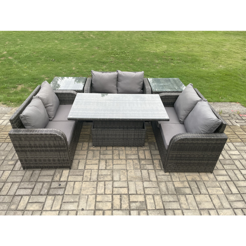 Fimous Rattan Garden Outdoor Furniture 3 Pc Love Sofa Set Patio Adjustable Rising Lifting Dining Table With 2 Side Tables