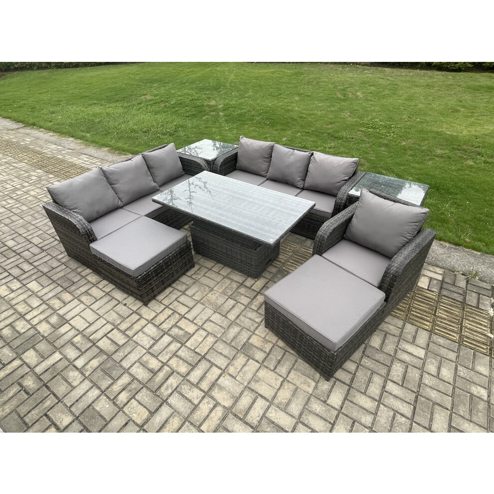 Fimous 9 Seater PE Rattan Outdoor Garden Furniture Sets Height Adjustable Rising lifting Dining Table Sofa Set with 2 Side Tables