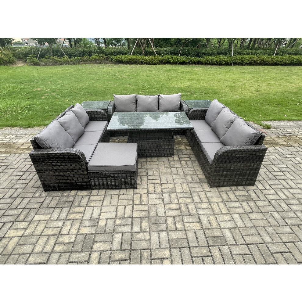 Fimous Patio Garden Dining Set Outdoor Rattan Furniture Lounge Sofa Height Adjustable Rising lifting Table With 2 Side Tables Big Footstool