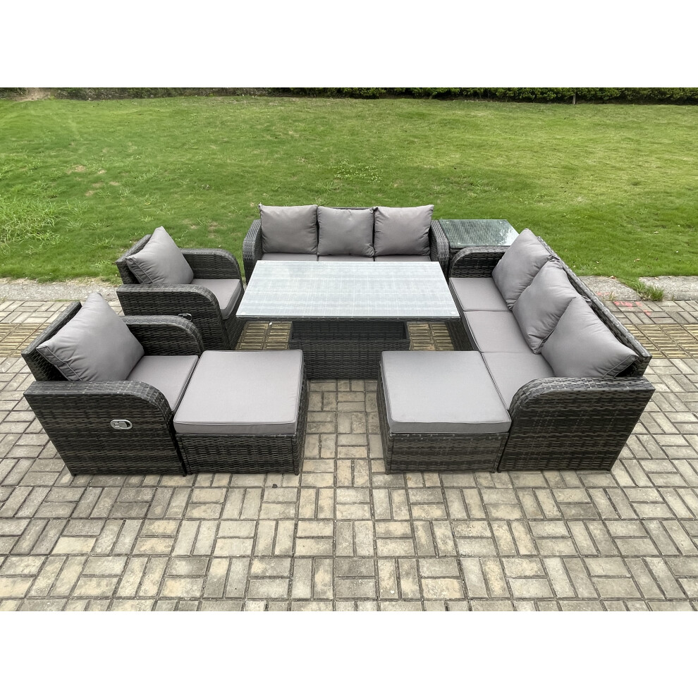 Fimous Rattan Outdoor Garden Furniture Sets Height Adjustable Rising Lifting Dining Table Reclining Chair Sofa Set With Side Tables 2 Big Footstools
