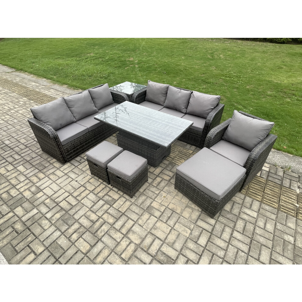 Fimous Pe Rattan Outdoor Garden Furniture Sets Height Adjustable Rising Lifting Dining Table Sofa Set With Side Table Reclining Chair