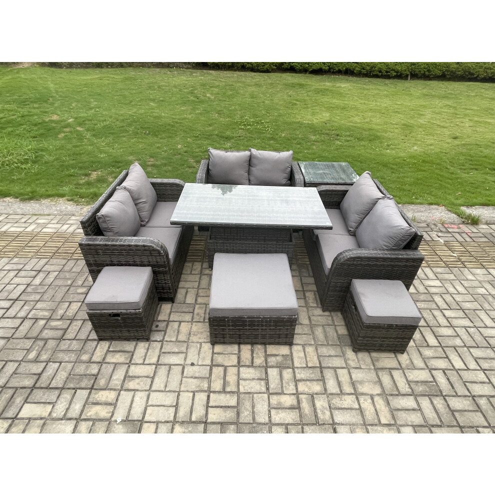 Rackhams Rattan Garden Outdoor Furniture 3 Pc Love Sofa Set Adjustable Rising Lifting Dining Table With Side Table 3 Footstools - Image 3