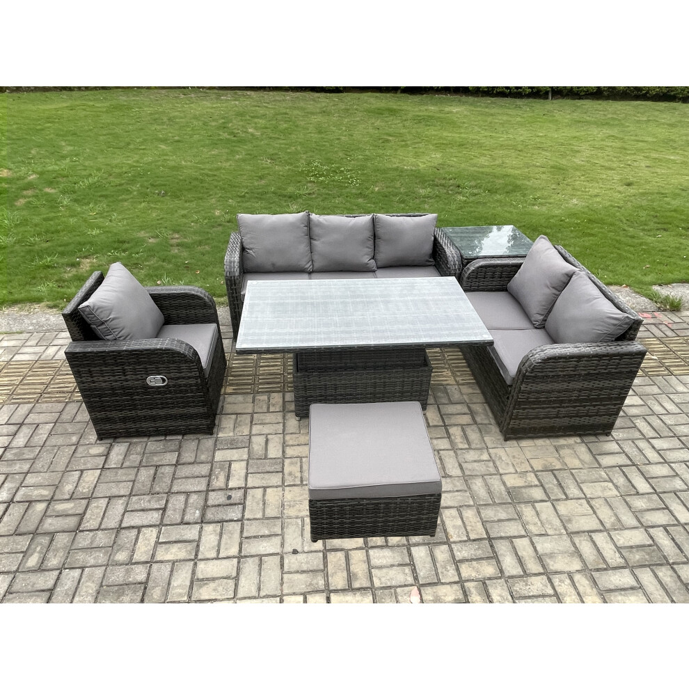 Fimous Outdoor Rattan Furniture Garden Dining Set Patio Height Adjustable Rising Lifting Table With Side Table Big Footstool