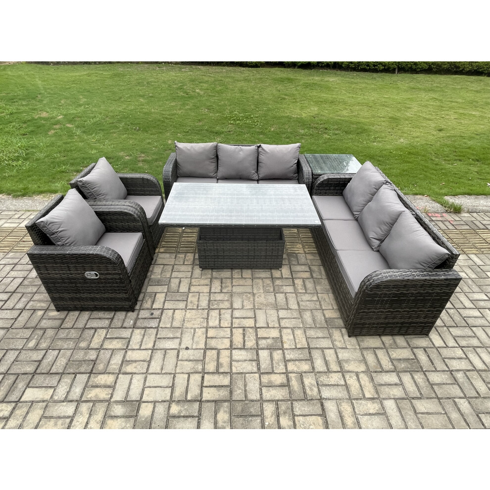 Fimous Pe Rattan Outdoor Garden Furniture Sets Height Adjustable Rising Lifting Diningtable Sofa Set With Reclining Chair Side Table