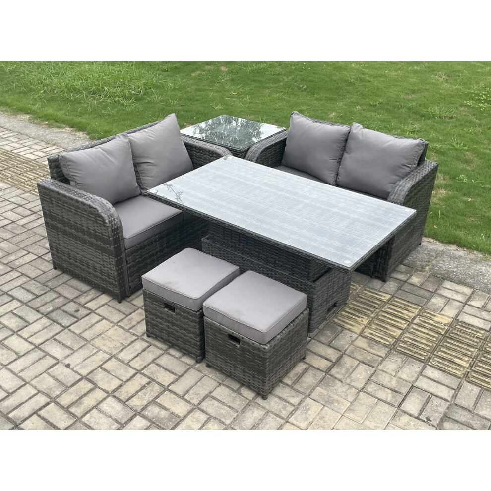 Rackhams Dark/Grey Outdoor Rattan Garden Dining Set - Mixed Height Adjustable Rising Lifting Table Love Sofa Set With 2 Small Footstools - Image 3