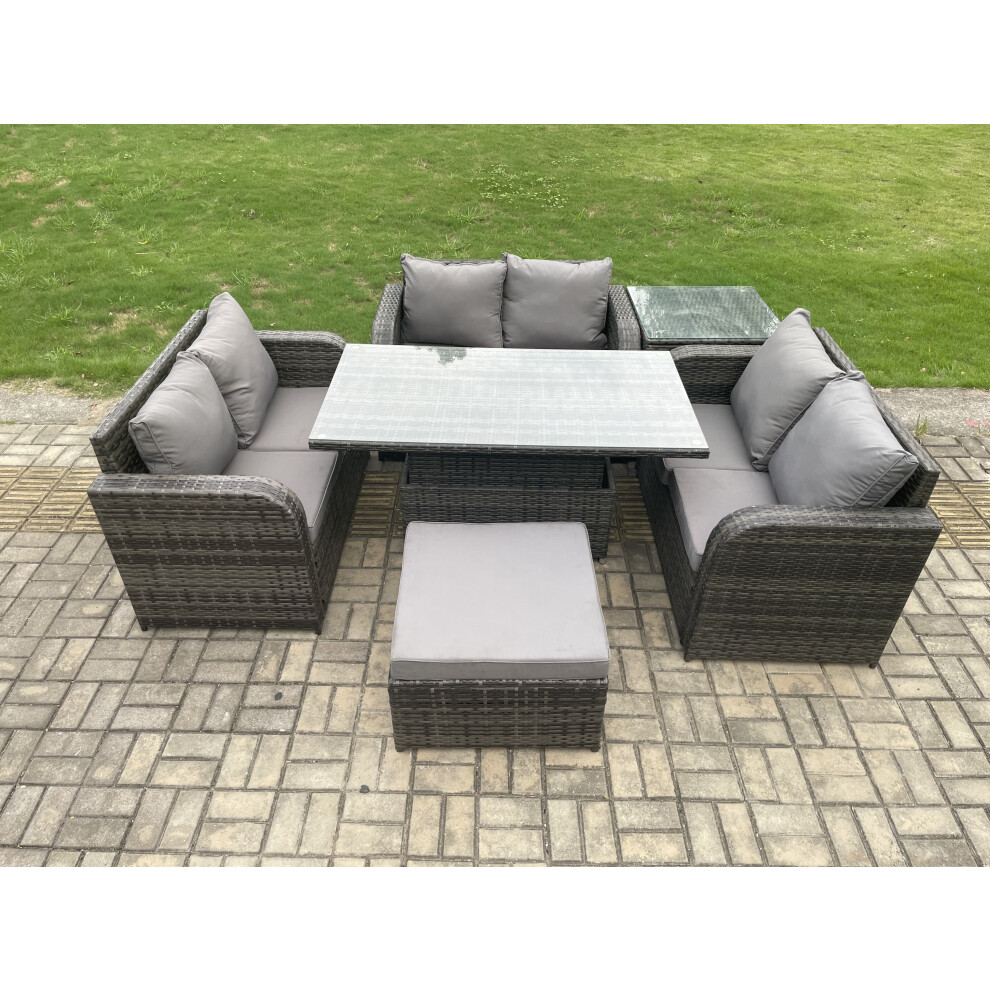 Rackhams Dark/Grey Rattan Garden Outdoor Furniture 3 Pc Love Sofa Set Patio Adjustable Rising Lifting Dining Table With Side Table Big Footstool - Image 3