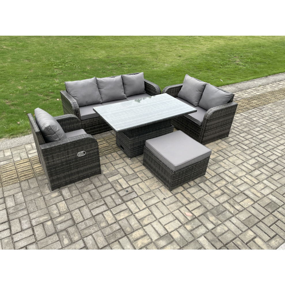 Fimous 7 Seater Outdoor Rattan Furniture Garden Dining Set Patio Height Adjustable Rising Lifting Table With 3 Seater Sofa Reclining Chair