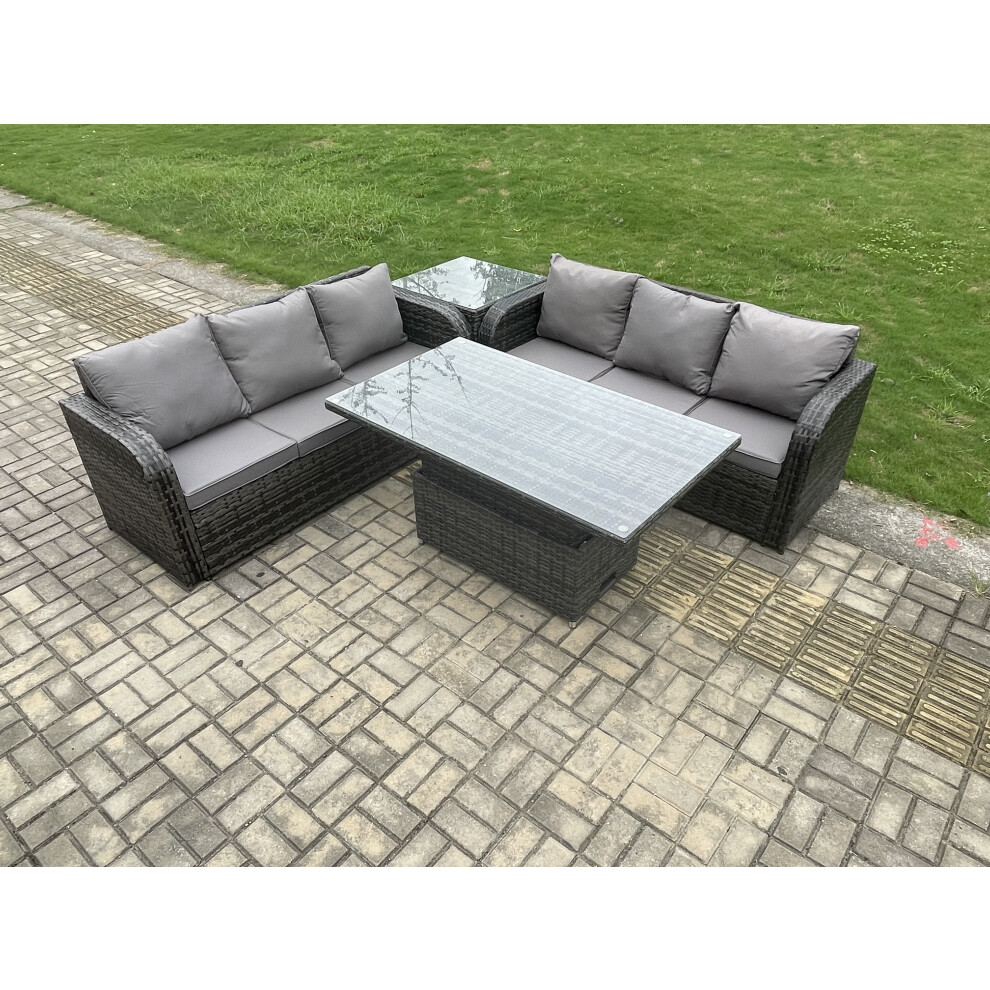 Fimous Outdoor Rattan Garden Furniture Lounge Sofa Set With Height Adjustable Rising Lifting Dining Table