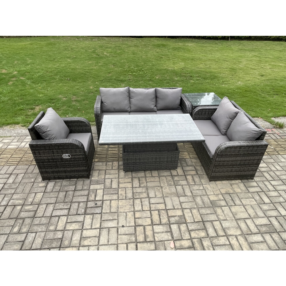 Fimous Outdoor Rattan Furniture Garden Dining Set Patio Height Adjustable Rising Lifting Table With Side Table