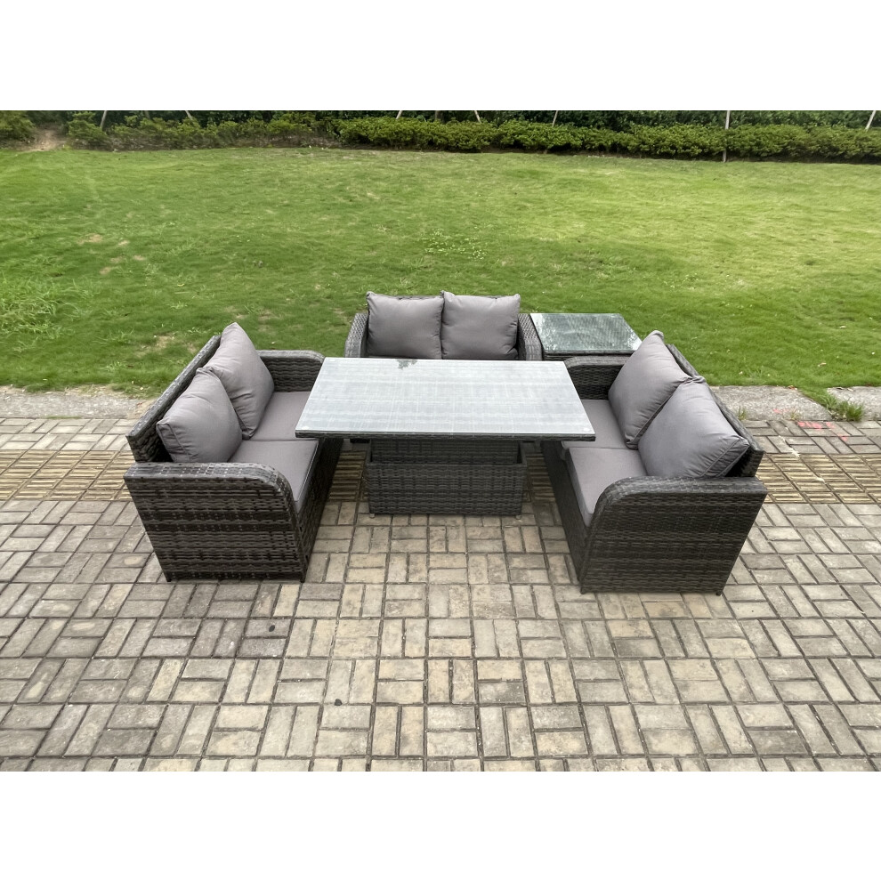 Fimous Dark/Grey Outdoor Rattan Furniture Garden Dining Set Height Adjustable Rising Lifting Table With 3 Pc Love Sofa Side Table - Image 3