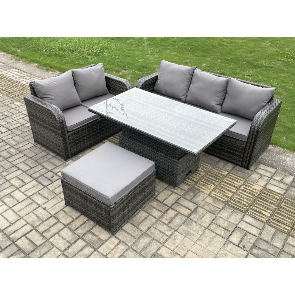 Outdoor Rattan Garden Furniture Set Height Adjustable Rising lifting Dining Table Lounge Sofa Set Dark Grey Mixed