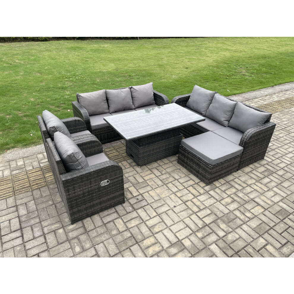 Fimous 9 Seater Pe Rattan Outdoor Garden Furniture Sets Height Adjustable Rising Lifting Diningtable Sofa Set With Reclining Chair Side Table