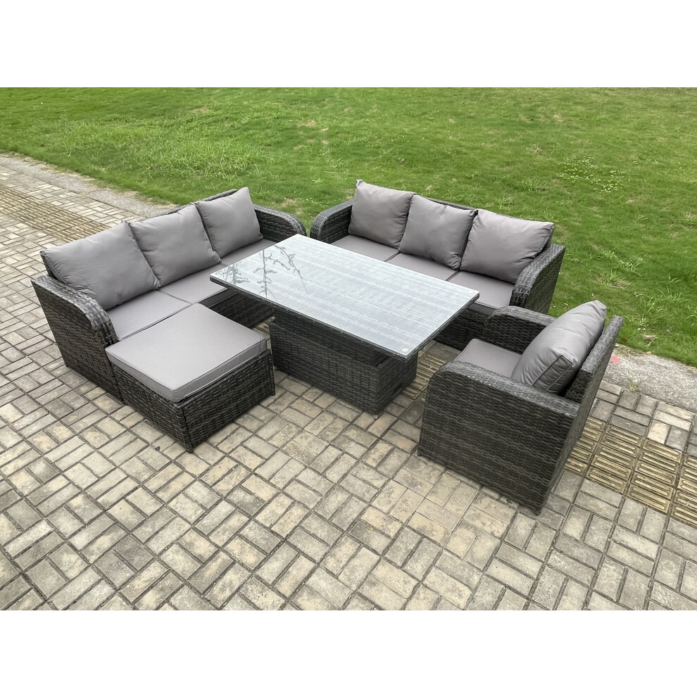 Fimous 8 Seater Outdoor Rattan Garden Furniture Sets Height Adjustable Rising Lifting Dining Table Sofa Set With Big Footstool