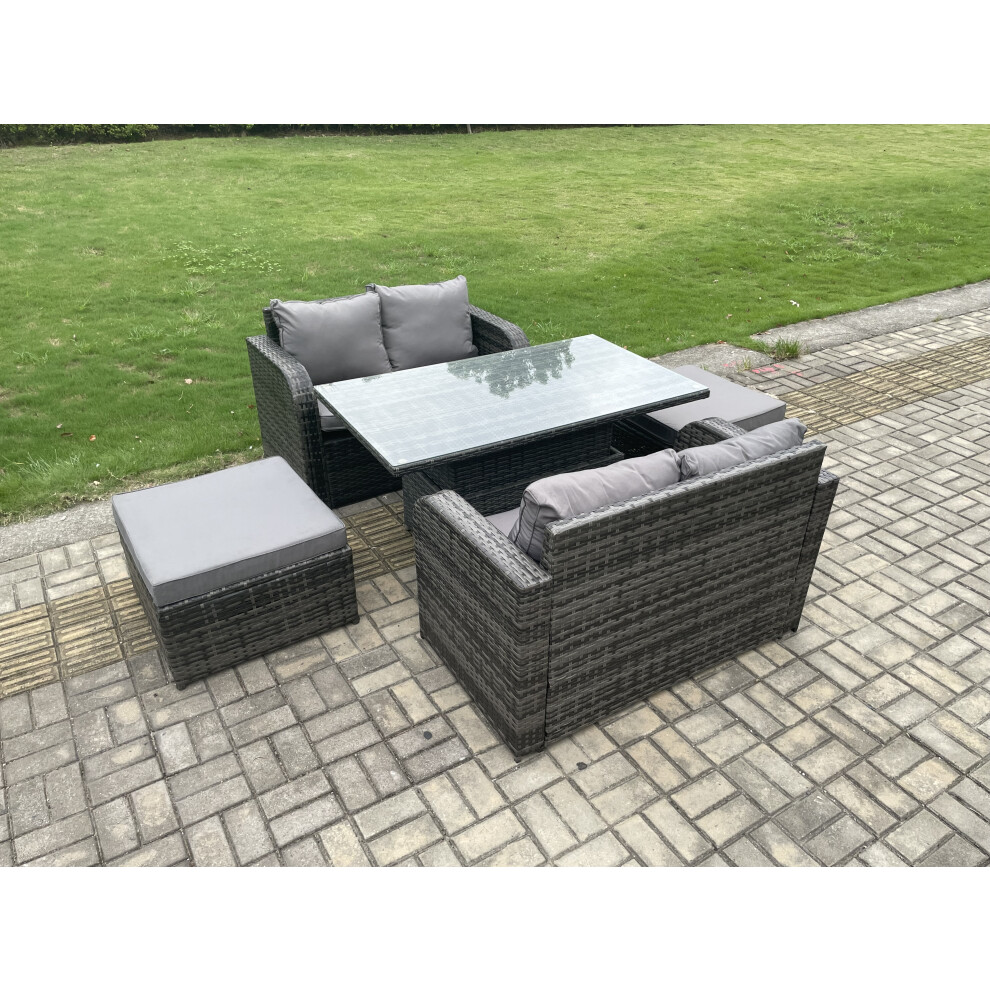Fimous Outdoor Rattan Furniture Garden Dining Set Height Adjustable Rising Lifting Table Love Sofa Set With 2 Big Footstool