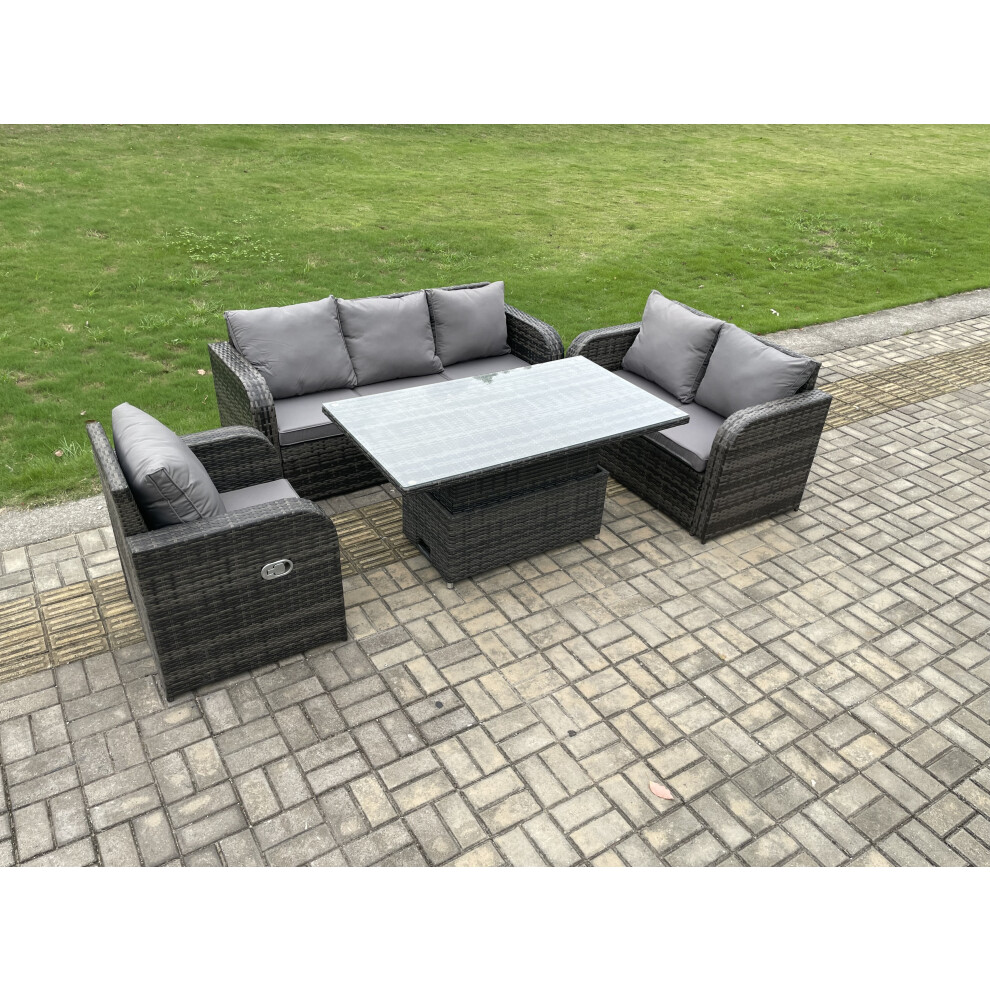 Fimous Outdoor Rattan Furniture Garden Dining Set Patio Height Adjustable Rising Lifting Table With 3 Seater Sofa Reclining Chair Love Sofa
