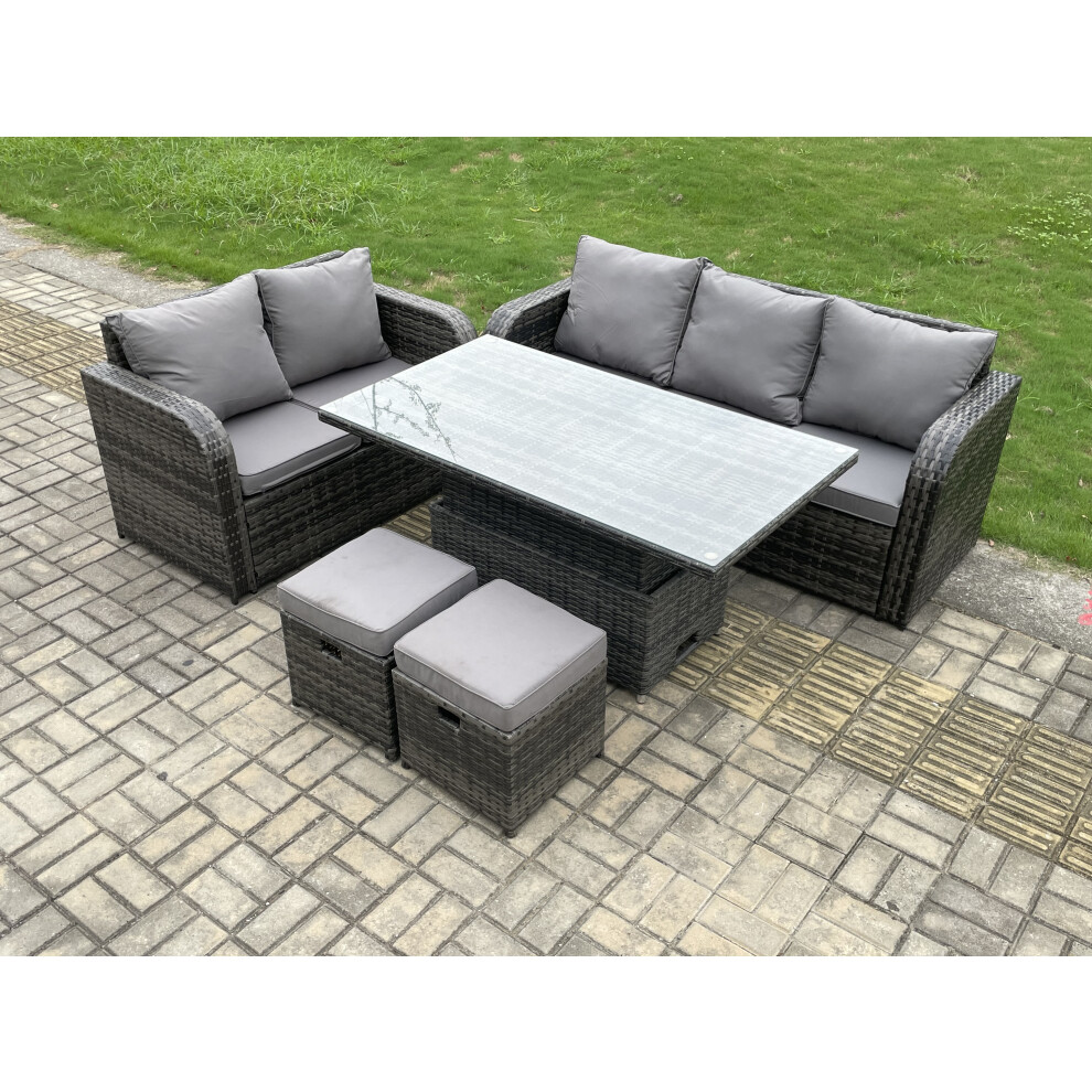 Fimous Outdoor Rattan Garden Furniture Sets Height Adjustable Rising Lifting Dining Table Lounge Sofa Set With Love Sofa 2 Small Footstools