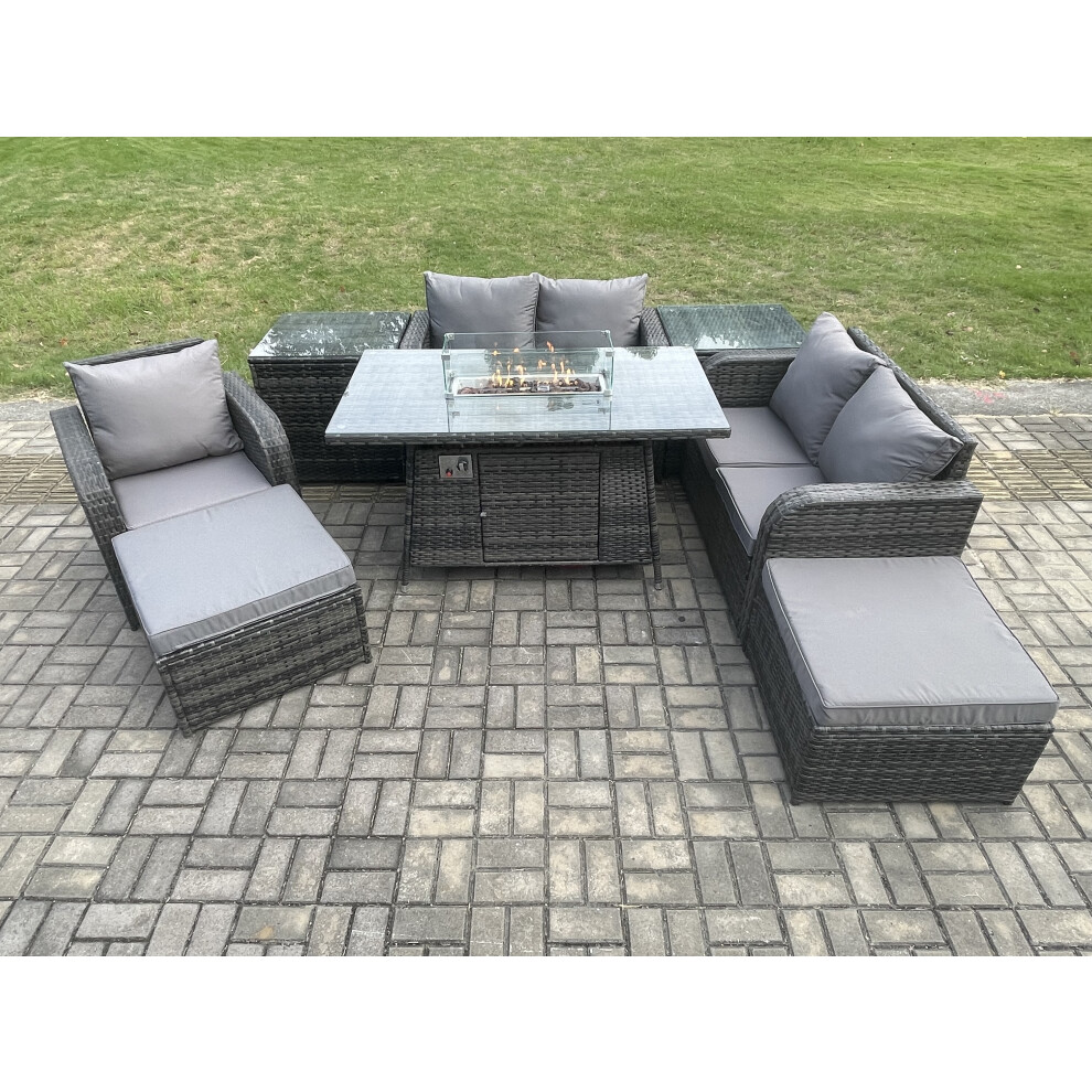 Outdoor Sofa Rattan Garden Furniture Set Patio Gas Fire Pit Dining Table and Reclining Chair set with 2 Side Tables 2 Big Footstool