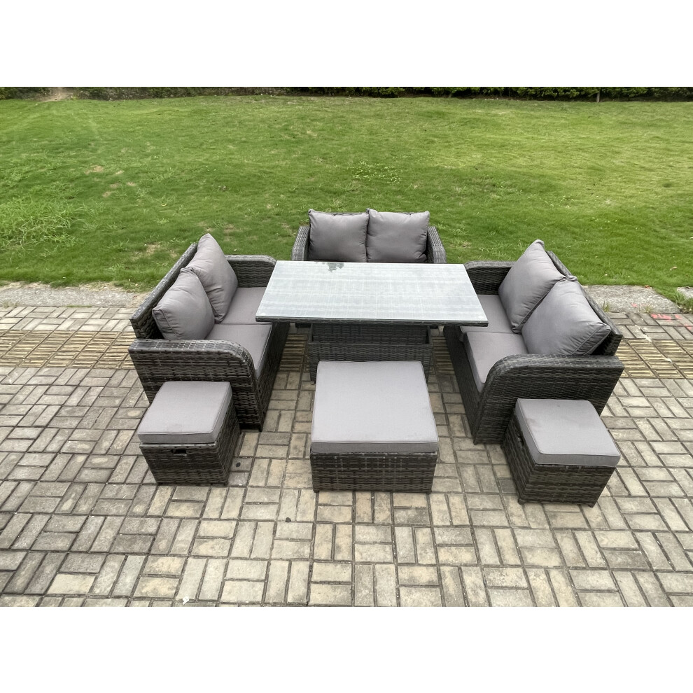 Fimous Unisex Dark Grey Rattan Garden Outdoor Furniture Pc Love Sofa Set Adjustable Rising Lifting Dining Table With Footstools In Size 3 - Image 3