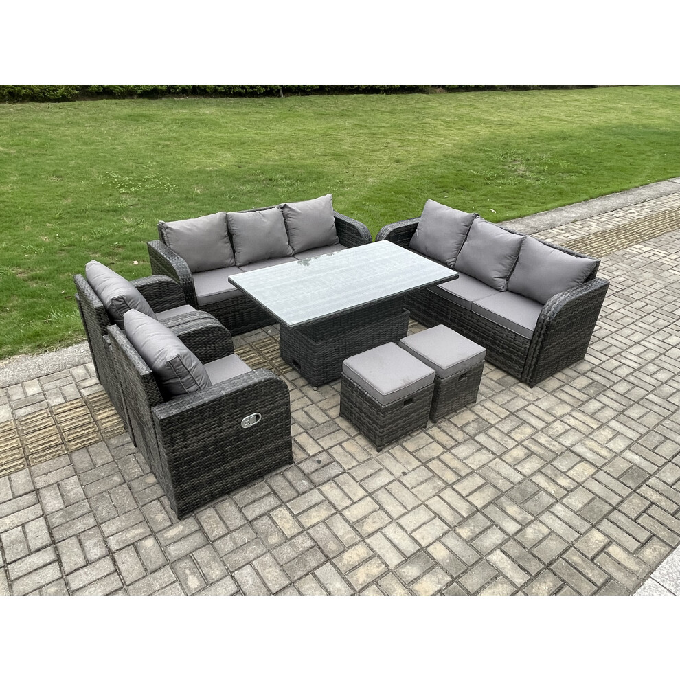 Fimous Rattan Outdoor Garden Furniture Sets Height Adjustable Rising Lifting Diningtable Sofa Set With Reclining Chair 2 Small Footstools