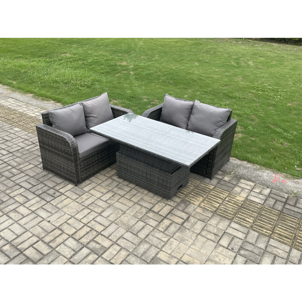 Outdoor Rattan Furniture Garden Dining Set Height Adjustable Rising lifting Table With Love Sofa Dark Grey Mixed