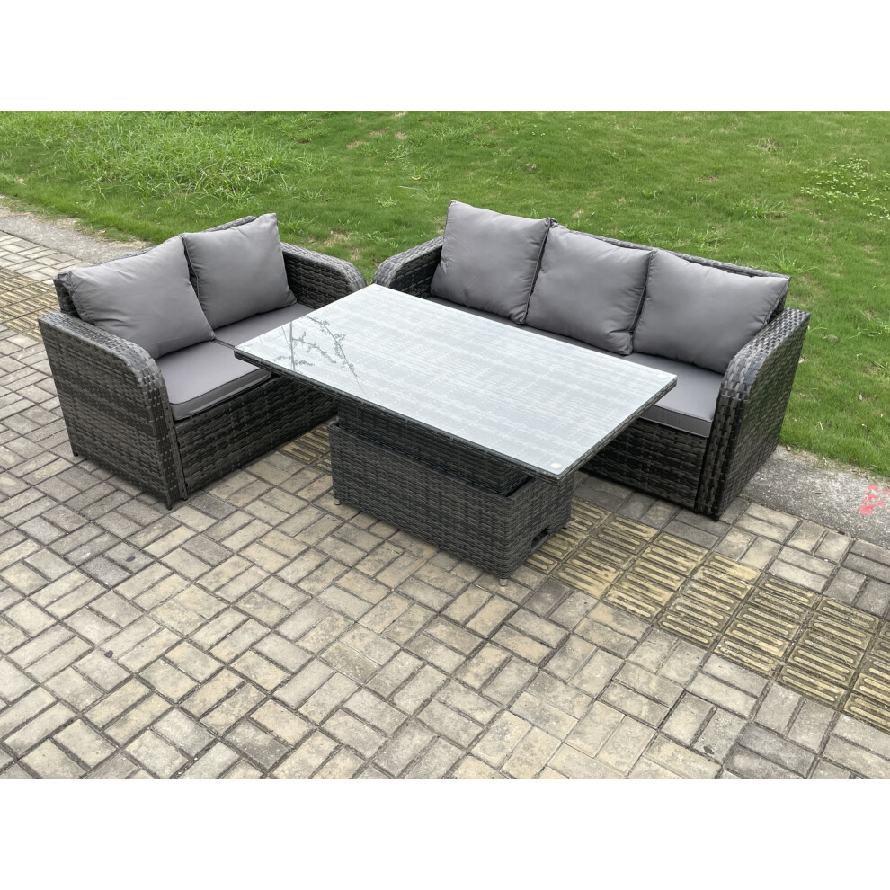 Outdoor Rattan Garden Furniture Sets Height Adjustable Rising lifting Dining Table Lounge Sofa Set Dark Grey Mixed