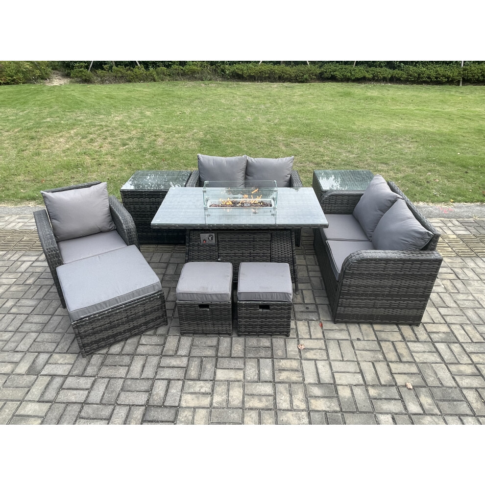 Outdoor Sofa Rattan Garden Furniture Set Patio Gas Fire Pit Dining Table and Reclining Chair set with 2 Side Tables 3 Footstools