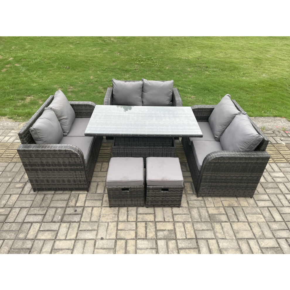 Fimous Unisex Dark Grey Rattan Garden Outdoor Furniture 3 Pc Love Sofa Set Patio Adjustable Rising Lifting Dining Table With 2 Footstools In Small - Image 3