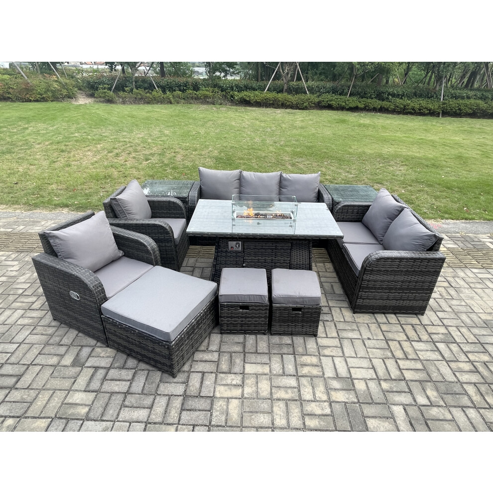 Fimous Outdoor Rattan Garden Furniture Set Propane Gas Fire Pit Table And Sofa Chair Set With 3 Footstools 2 Side Tables