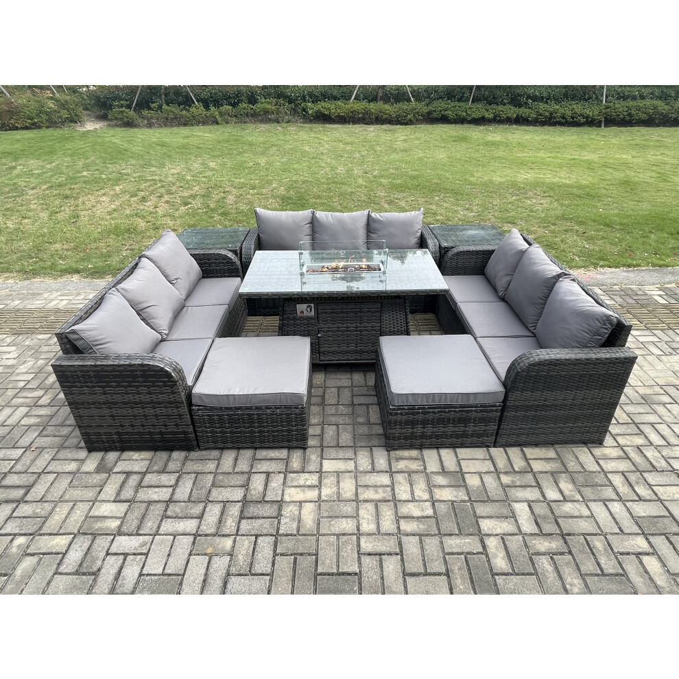 Outdoor Rattan Furniture Garden Dining Set Gas Fire Pit Table With 2 Side Tables Lounge Sofa 2 Big Footstool