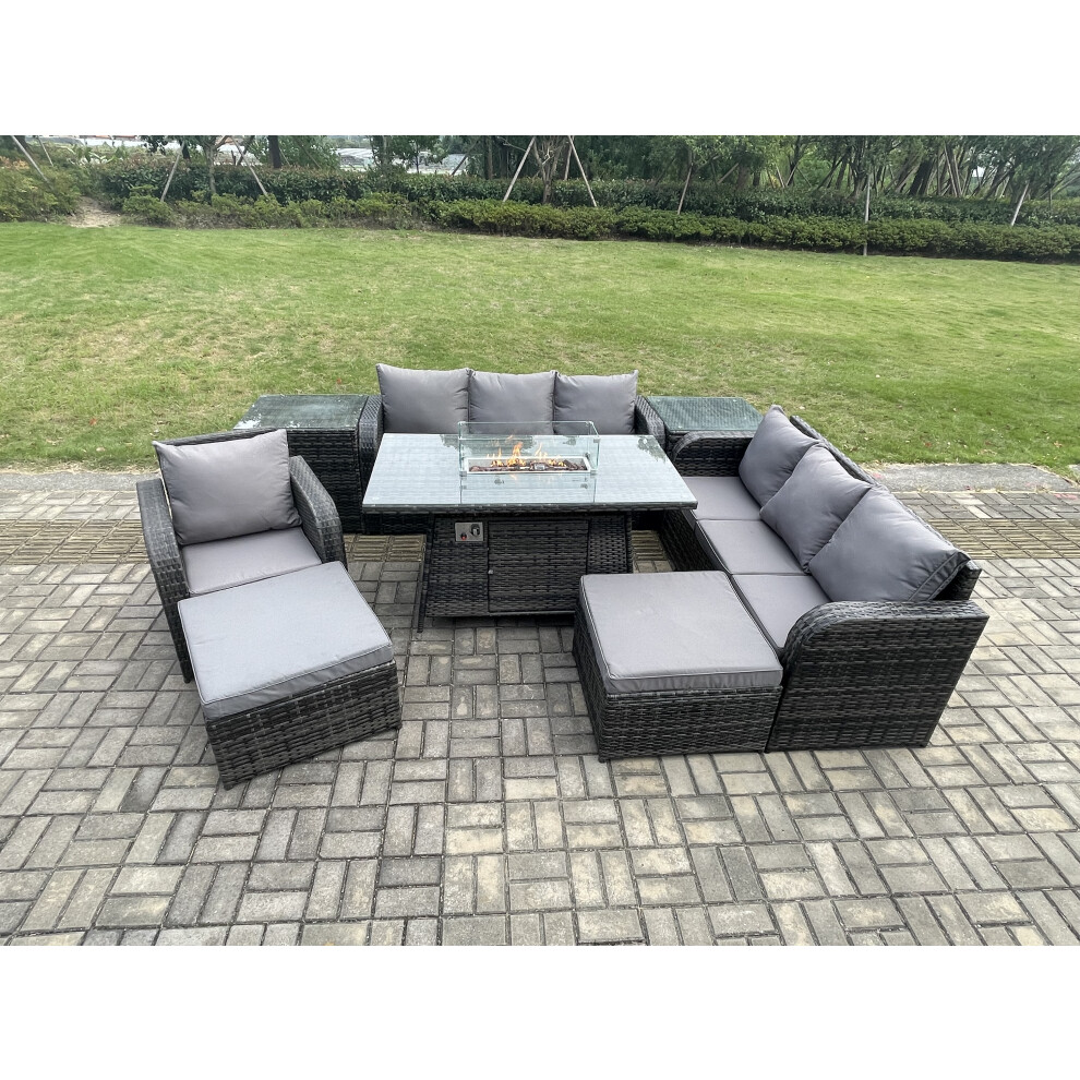 9 Seater Rattan Garden Furniture Set Gas Fire Pit Dining Table Reclining Chair 3 Seater Sofa Set Indoor Outdoor with 2 Side Tables