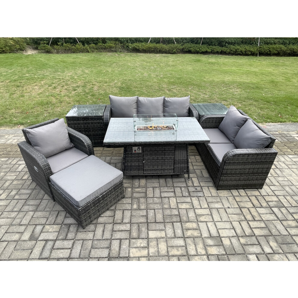 Garden Patio Furniture Wicker Rattan Gas Fire Pit Table and Sofa Chair set with 2 Side Tables Big Footstool