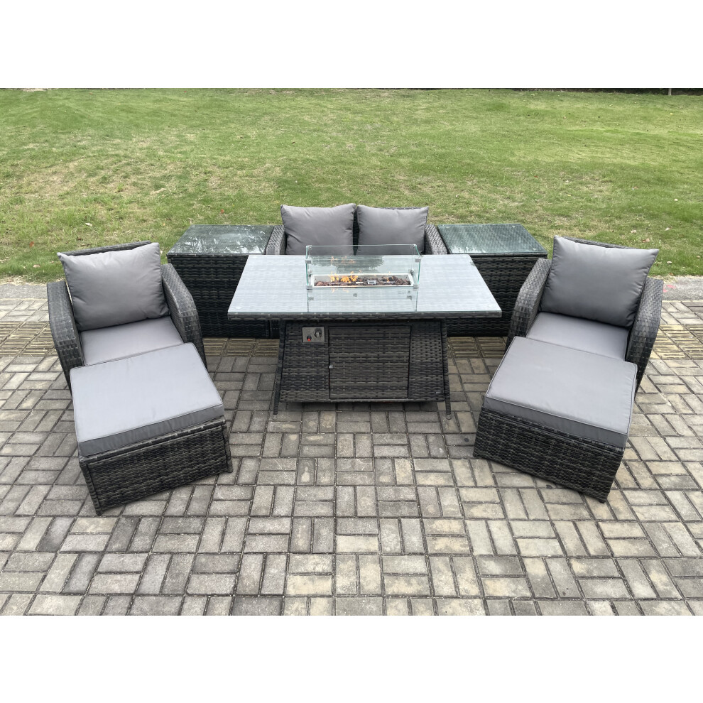 Patio Outdoor Rattan Garden Furniture Set Propane Gas Fire Pit Table Burner with Love seat Sofa 2 Big Footstool