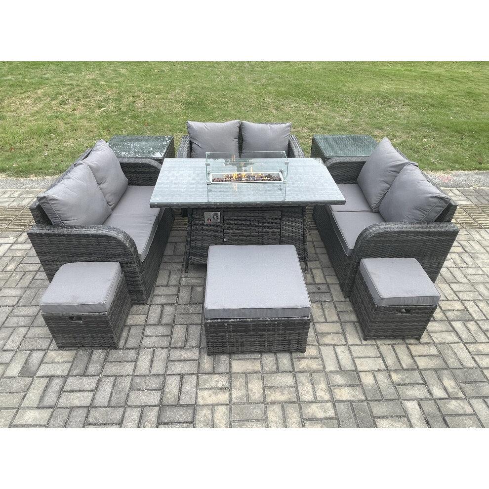 Outdoor Rattan Furniture Garden Dining Set Gas Fire Pit Table with 2 Side Tables Love Sofa 3 Footstools Dark Grey Mixed