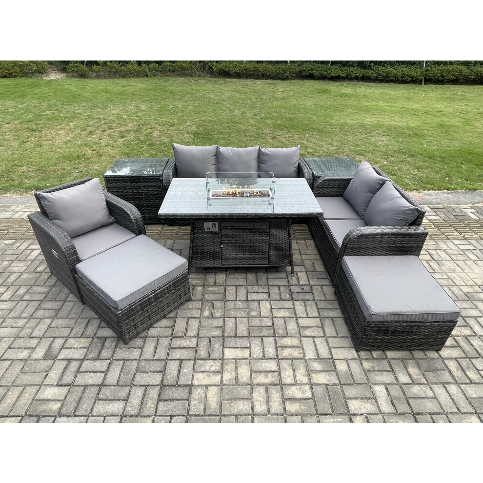 Garden Patio Furniture Wicker Rattan Gas Fire Pit Table and Sofa Chair set with 2 Side Tables 2 Big Footstool