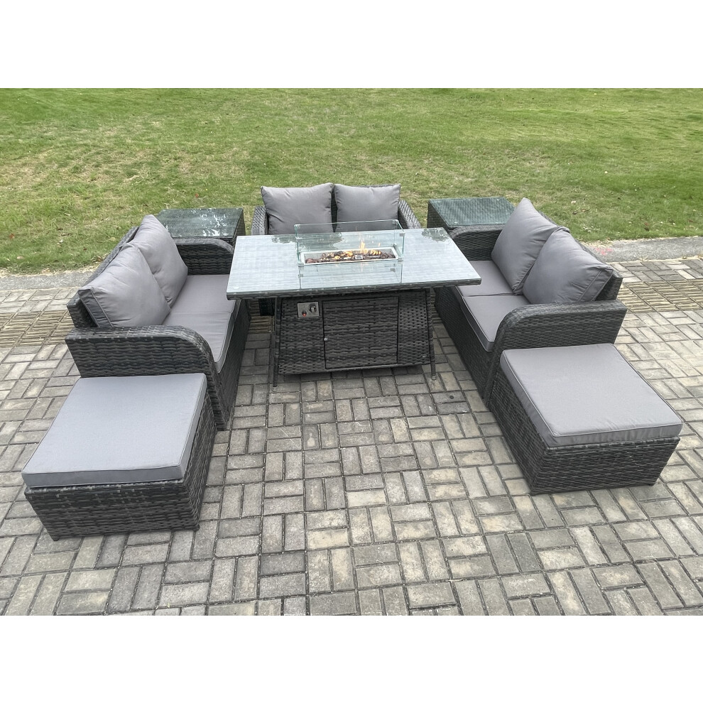 Rattan Outdoor Garden Furniture Sofa Set Gas Fire Pit Dining Table Gas Heater with 2 Side Tables Love Sofa 2 Big Footstool