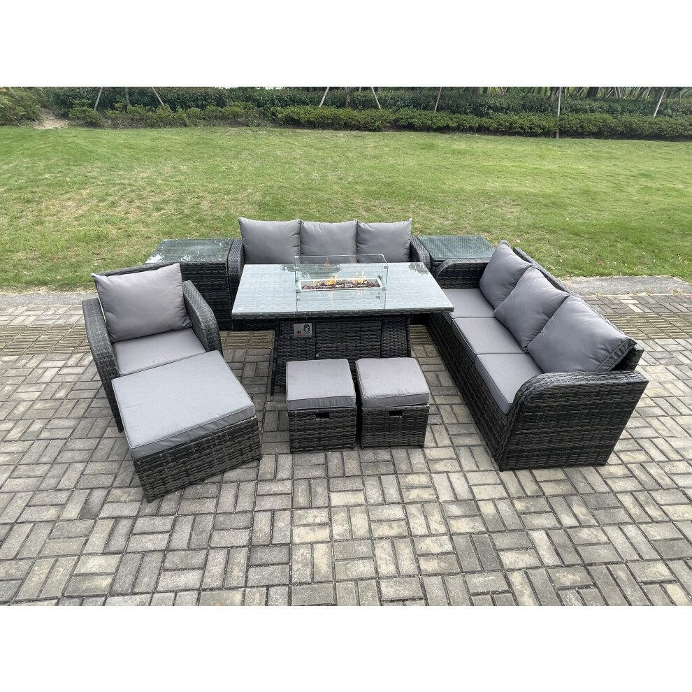 Wicker Rattan Garden Furniture Set Gas Fire Pit Dining Table Reclining Chair 3 Seater Sofa Set Indoor Outdoor with 2 Side Tables 3 Footstools